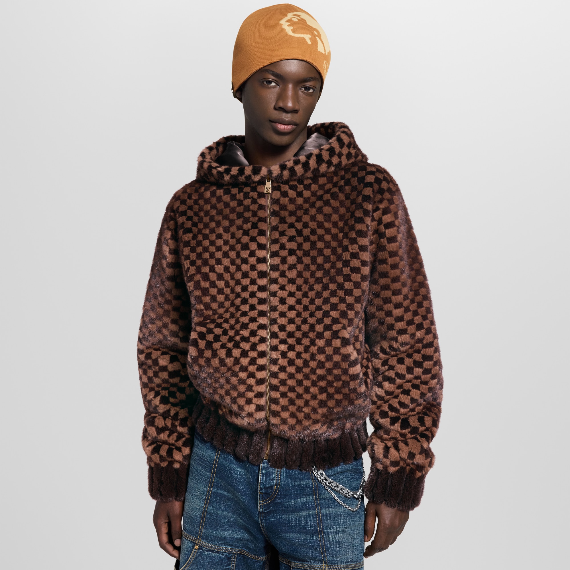 Damier Intarsia Zipped Mink Hoodie - Men - Ready-to-Wear | LOUIS